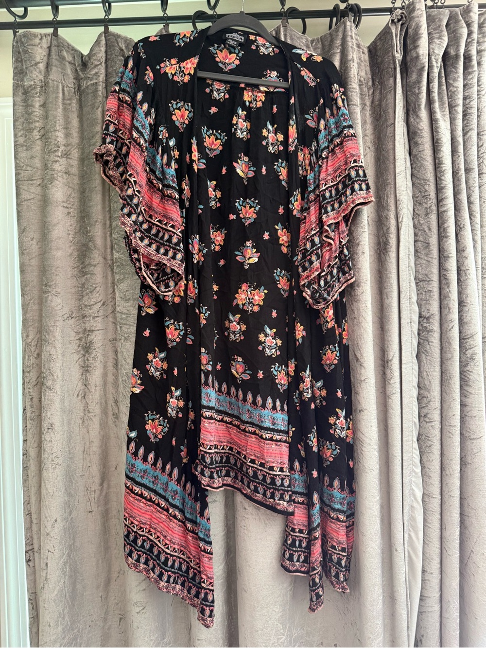 Angie Black Asymmetrical Floral Kimono with Coral & Teal Border